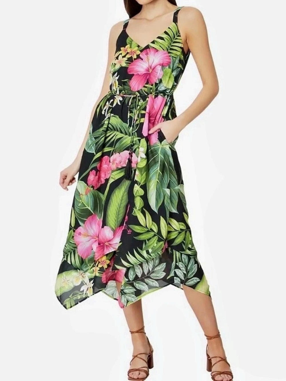 🌸TB8 - Floral Midi Dress in Black & Pink Like New🛍️
